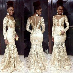 2016 Sexy Sheer Lace Prom Gowns South African Style Long Sleeves Sheath Mermaid Sweep Train Evening Dresses Long Party Dresses