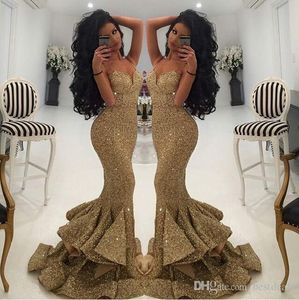 Neue Designer Gold Meerjungfrau Abendkleider 2023 Frühling Sommer Spaghetti Open Back Pailletten Ballkleider Layered Rüschen Pageant Kleider nach Maß