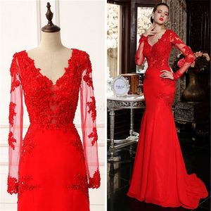 Sexy rotes, langärmliges Meerjungfrau-Abschlussballkleid mit Spitzenapplikationen, Sweep-Zug, Kristallen, Abendkleid, elegantes Abendkleid