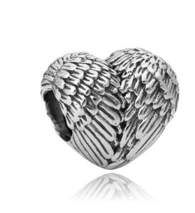 Wholesale 50pcs Heart Shaped Feather Wings 925 Silver Charm Bead European Charms Beads Fit Pandora Bracelets DIY Jewelry Christmas Xmas