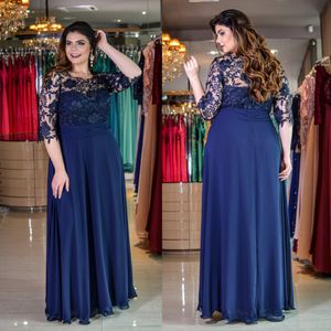 Dark Navy Plus Size Lace Evening Dresses With Half Sleeves Sheer Bateau Neck A Line Beaded Prom Gowns Floor Length Chiffon Formal Dress 407