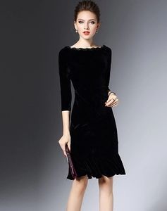 Frauen herbst neue mode sexy party slash neck langarm schwarz farbe samt bodycon tunika meerjungfrau knielangen kleid vestidos SMLXLXXL