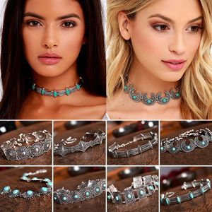 Großhandels-Boho-Kragen-Choker-Silber-Halsketten-Statement-Schmuck-Weinlese-ethnischer Böhmen-Art-Türkis-Korn-Hals für Frauen #83377