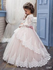 Cheap Flower Girls Dresses Pentelei with Long Sleeves and Lace Up Back Appliques Tulle Little Princess Birthday Gowns Communion Dress