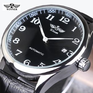 Vinnare Klockor Klassisk Mens Auto Datum Automatisk Mekanisk Klocka Självlindande Analog Skelett Balck Leather Man Armbandsur