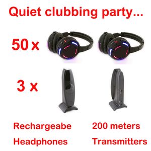 Attrezzatura da discoteca silenziosa professionale RF Cuffie wireless a LED nere - Pacchetto per feste in discoteca tranquille con 50 ricevitori e 3 trasmettitori a 200 m di distanza