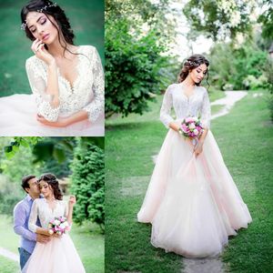 White And Light Pink Wedding Dresses Lace V Neck Half Long Sleeve Garden Bridal Gowns Tulle A Line Floor Length Summer Wedding Dresses