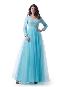 Long Sleeves Blue Modest Wedding Long Bridesmaid Dresses With V Neck Lace Top Tulle Skirt Women LDS Bridesmaid Robes Custom Made