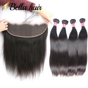 trame di capelli umani vergini non trasformati con frontale in pizzo 13x4 capelli lisci tesse doppia trama estensioni dei capelli chiusura 5 pz / lotto bellahair