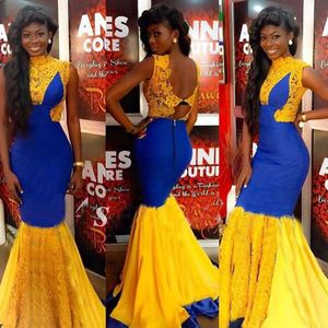 Gorgeous African Prom Dresses Long Mermaid Royal Blue and Yellow Lace Evening Party Gowns Sexy Open Back Formal Wear Sweep Train