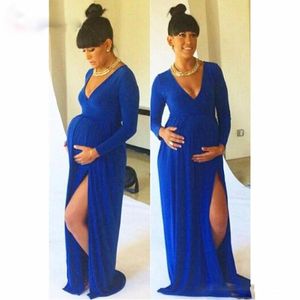 ロイヤルブルーマタニティイブニングドレス2017ディープvネックサイドスプリット長袖ウエディングドレス妊娠中の女性プラスサイズのフォーマルガウン