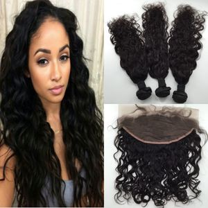 Lace frontal Encerramento 13x6 Com Bundles, peruanos Virgens Humanos madeixas de cabelo com laço frontal, 1Pc Lace frontal e 3 Pacotes cabelo da onda de água