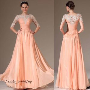 Gratis frakt peach afton klänning ny en linje hög nacke chiffong lång formell fest klänning med ärmar