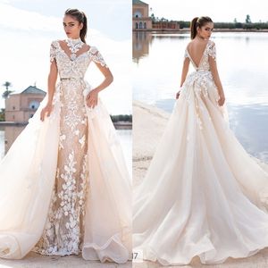 Lorenzorossib Ridal 2017 Meerjungfrau Brautkleider High Hals Kurzarm Spitze Applique Brautkleider mit abnehmbarem Zug Hochzeitskleid