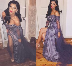 2017 Arabic Middle East Purple Evening Dresses Off Shoulder Beads High Side Split Tulle Prom Party Gowns Custom Runaway Red Carpet Dresses