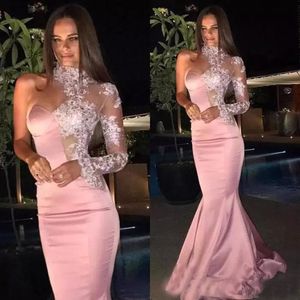 Sexy 2017 Evening Gowns Light Pink High Neck Prom Dresses With Applique One Shoulder Long Sleeves Custom Made Mermaid Formal Occasion Dress