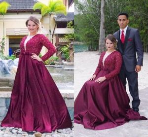 Burgundy Long Sleeve Pearls Beaded Prom Dresses 2017 Plus Size A Line Evening Gowns For Women Floor Length Arabic Formal Wear Party Dresses