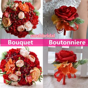 Beach Bouquets Boutonniere Bridal Breids Подружка невесты Холдинг цветы Оранжевый и красный горячий Органический брак для деревенской Богемской свадьбы