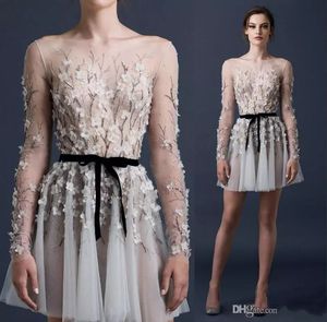 Paolo Sebastian 2017 섹시한 칵테일 드레스 긴 소매 3D-Floral Appliques 라인 파티 가운 바투 넥 페르시 환상 Bodice 댄스 파티 드레스