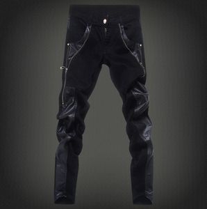 Frete grátis novo 2016 moda couro patchwork jeans skinny homens marca estilo punk slim fit lápis calças dos homens
