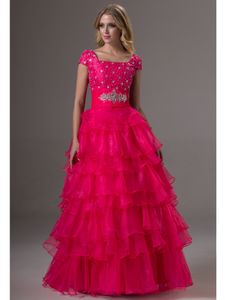 Fuchsia Modest Prom Dresses With Short Sleeves Beaded Bodice Square Neck Prom Gowns For Teens Tiered Organza Long Prom Party Dress