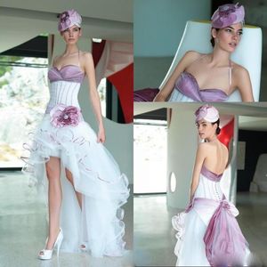 Newest Bodice High Low Wedding Dresses 2017 White And Purple Halter Organza Ruffles Beach Bridal Gowns Sexy Backless Wedding Dresses