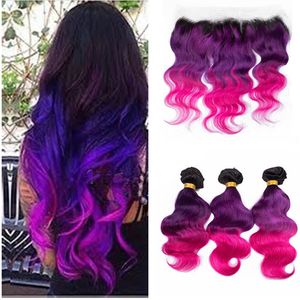 Body Wave Human Hair Weaves With Lace Frontal Closure Black Purple Pink Three Tone Ombre Malaysian Virgin Hair With Lace Frontal 4pcs