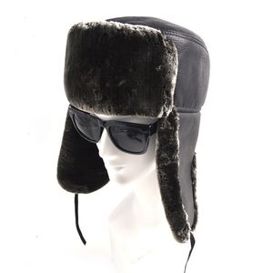 Winter Black Cotton Fur Bomber Hats for Men Outdoor Warm Plush Thicken Leather Hat with Earflap Male Trapper Hats GH-248
