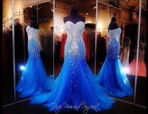 Royal Blue Mermaid Prom Dresses Beaded Special Occasion Formal Gowns Tulle Floor Length Runway Evening Gowns For Womens Cheap