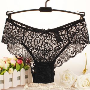 Wholesale-Women's Sexy Full Lace Panties With Big Size,S-XL 5Colors High-Crotch Transparent Floral Bow Soft Briefs Underwear Culotte Femme