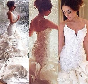 2024 Sexy Hot Sale Arabic Mermaid Wedding Dresses Sweetheart Lace Appliques Plus Size Tiered Ruffles Chapel Train Formal Bridal Gowns 403