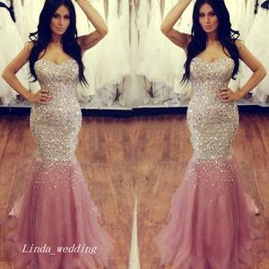Free Shipping High Quality Custom Made Sparkly Crystal Mermaid 2019 Sweetheart Silver Full Beaded Prom Dresses Pink Evening Dress