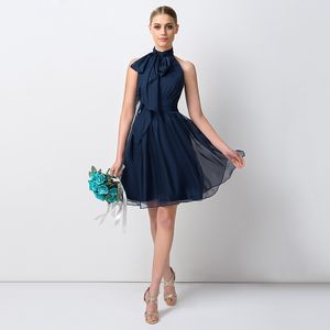 Vestido curto azul marinho para dama de honra, gola alta, chiffon, vestido de dama de honra para festa de casamento júnior 189d