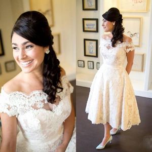 Sexig En linje Tea Längd Bröllopsklänningar 2016 Av Axel Cap Sleeves Full Lace Bridal Dresses Garden Beach Sommar Vestido de Noiva