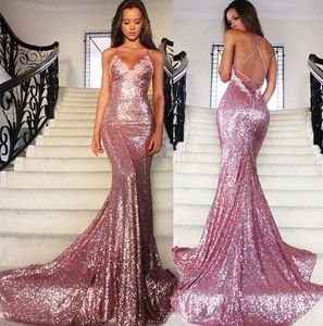 Pink Sequin Prom Dresses 8th Grade Graduation Dresses Long Lace Appliques Mermaid Semi Formal Evening Party Dress Backless Custom Made