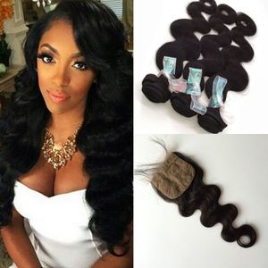 Billiga 3 buntar Body Wave Virgin Hair med 1 st Silk Base Closure Toppkvalitet Peruvian Hair Bundle Deals Human Hair Weave