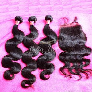 Malaysiska Human Hair Weave With Top Silk Base Lace Closure Ocessed 4PCs eller 5PCS Lot Naturlig färg 10-34 tum Bella Hair