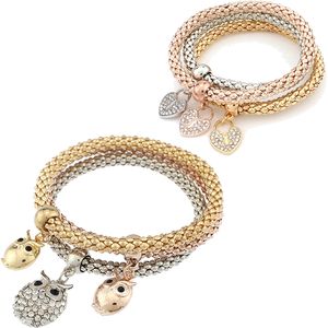 Fashion Jewelry bracelets 3 pieces set three-colour elastic crystal Bar Setting women bangle Owl heart Charm For bracelet jewelry Making