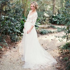 Wholesale top maternity wedding dresses resale online - Charming Maternity Wedding Dresses Country Deep V Neck Illusion Sleeves Lace Top Bridal Gowns with Soft Tulle Sweep Train Custom Made