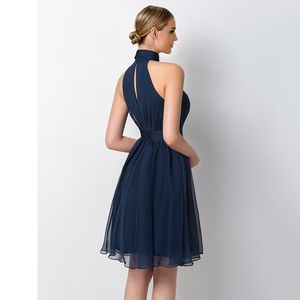 Marineblaues, kurzes Brautjungfernkleid, hochgeschlossenes Chiffon-Trauzeuginnenkleid für Junior-Hochzeitsparty Gown2667