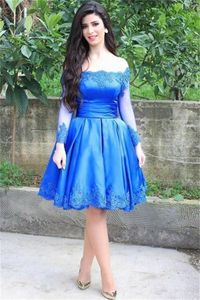 Royal Blue Lace Applique Knee Length Party Cocktail Dresses Off Shoulder Ruched Satin Corset Prom Dress Long Sleeve