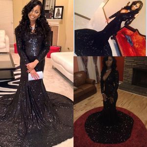 2018 Sexy Cheap Long Sleeves Black Sequins Mermaid Prom Dresses Plunging V Neckline Court Train Party Evening Gowns Women Celebrity Dresses