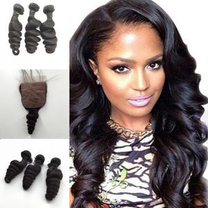 Loose Fale Virgin Hair Extension 4 SZTUK Lot 100% Nieprzetworzone Dziewiczy Malezyjski Włosy Splot, 3 Wiązki z Jedwabnym Bazowym Zamknięciem 4x4