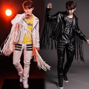 Tide male singer PU leather Tassels Blazer suit sets Club Bar Hip Hop Jazz show costumes Band stage performance