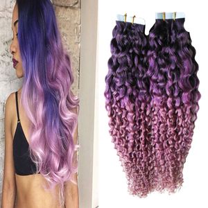 Color Purple/Pink ombre brazilian hair 40pcs Kinky Curly Virgin Hair Skin Weft 100g Tape In Human Hair Extensions