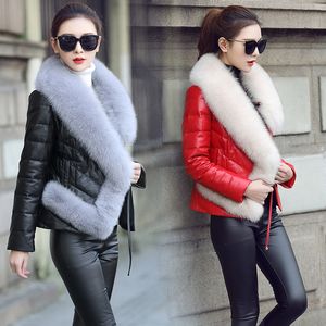 Women's luxury genuine sheepskin leather duck down padded long sleeve fox fur collar sashes slim waist parka short coat casacos