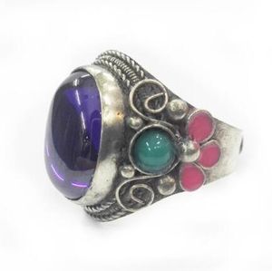 Sällsynta Miao Silver Old Inlay Purple Zircon Cloisonne Emaljblomma Noble Ring