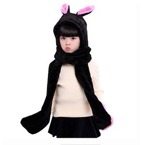 Kids Winter Warm Fleece Rabbit Hood Scarf 3 in 1 Gloves Earflap Hat Animal Long Scarf for Children 5pcs/lot