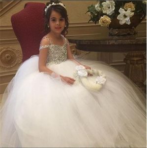 Sparkly Beaded Spaghetti Flower Girls Dresses For Wedding White Tulle Ball Gown Girls Pageant Gowns Floor Length Baby Birthday Party Dresse