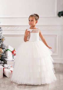 New Cheap Ivory Flower Girls' Dresses Princess Beads Tired Tulle Long Flower Girl Wedding Gowns Girl Birthday Party Christmas Princess